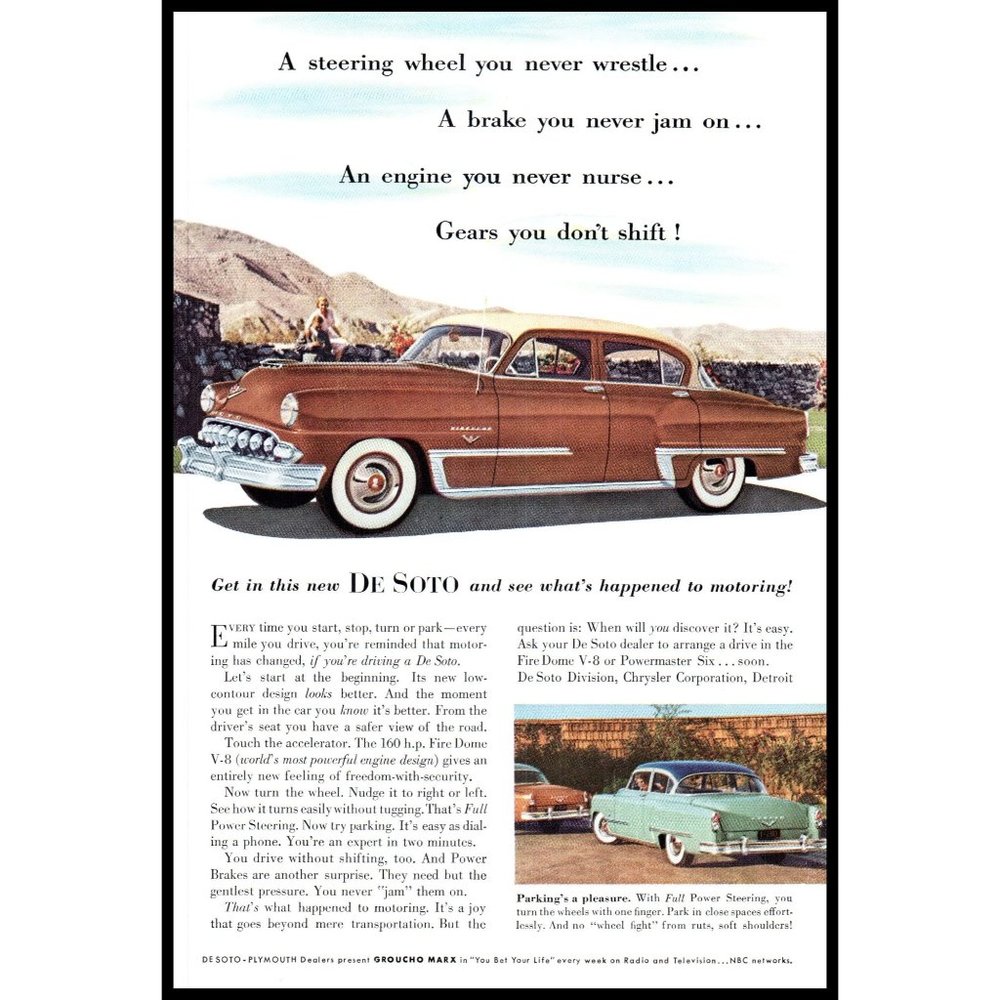 1953 Chrysler De Soto Sedan Vintage Print Ad Mountains Rock Wall Fire Dome V8